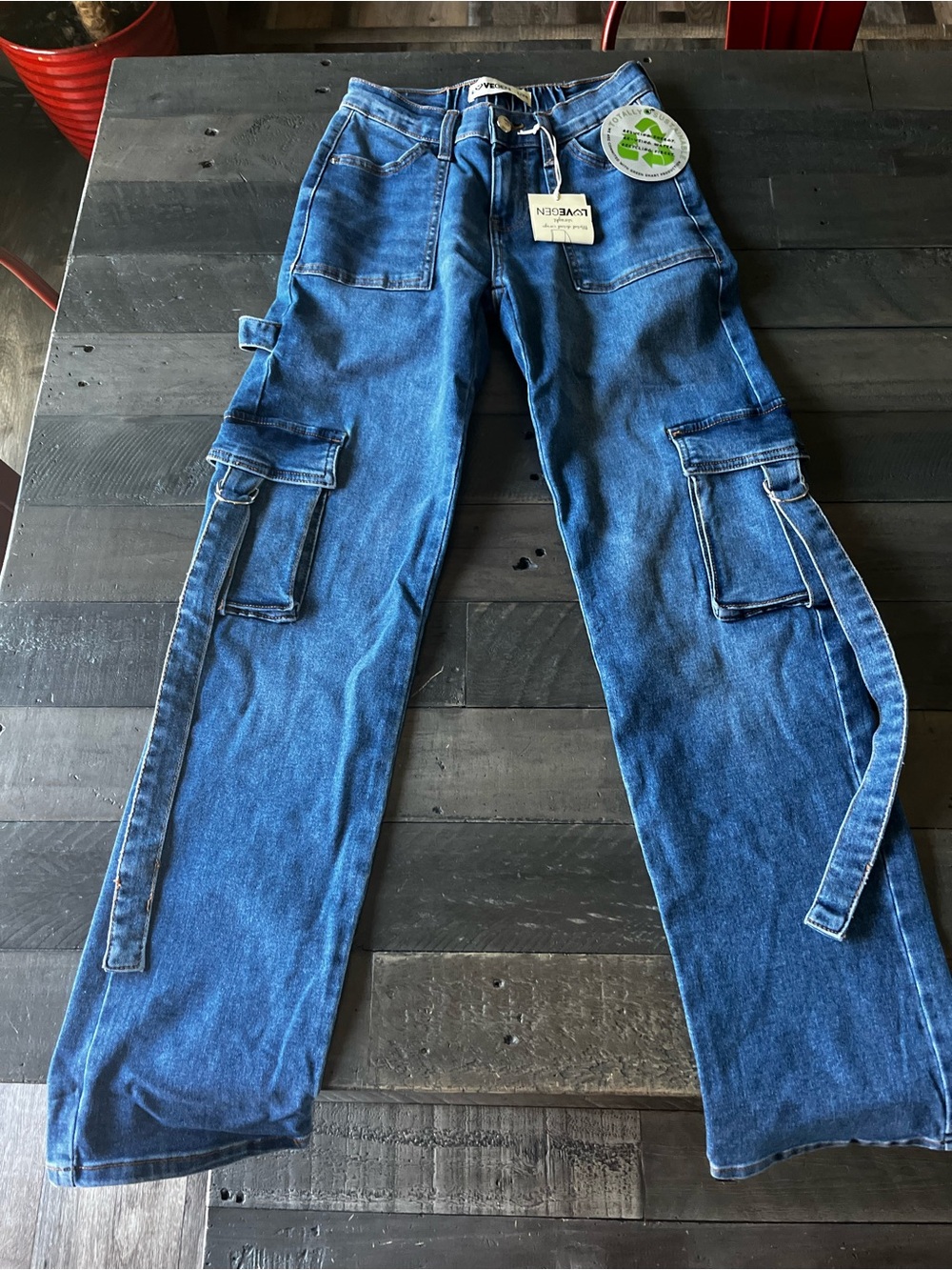 Waven Womens/junuors Straight Leg Cargo Jeans in Medium Blue